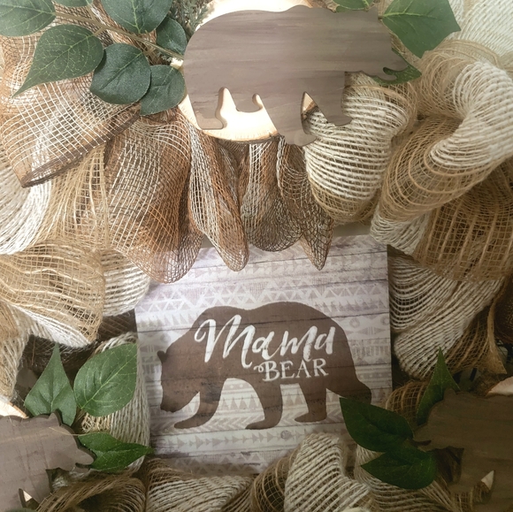 Moma Bear Wreath Jute Deco Mesh Bow Wood Cabin Country Farmhouse Mother's Day - Picture 3 of 8